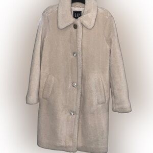 GAP Cream Ivory Sherpa Teddy Coat - Jeweled Buttons - Size Small EUC
